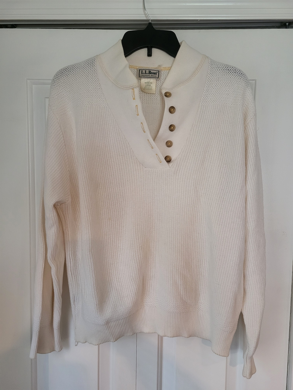 L.L. Bean White Knit Henley Sweater